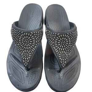 Crocs Monterey Diamante Wedge Flip Flops Womens 10 Black Resort Beach Sandals